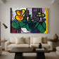 Canvas art print featuring an expressive arrangement with bold shapes, displayed in a spacious living room