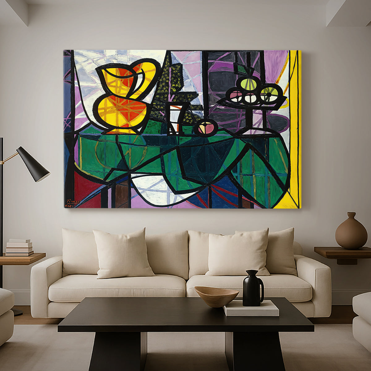 Canvas art print featuring an expressive arrangement with bold shapes, displayed in a spacious living room
