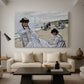 Canvas art print featuring a beach setting with people relaxing under umbrellas, displayed in a spacious living room