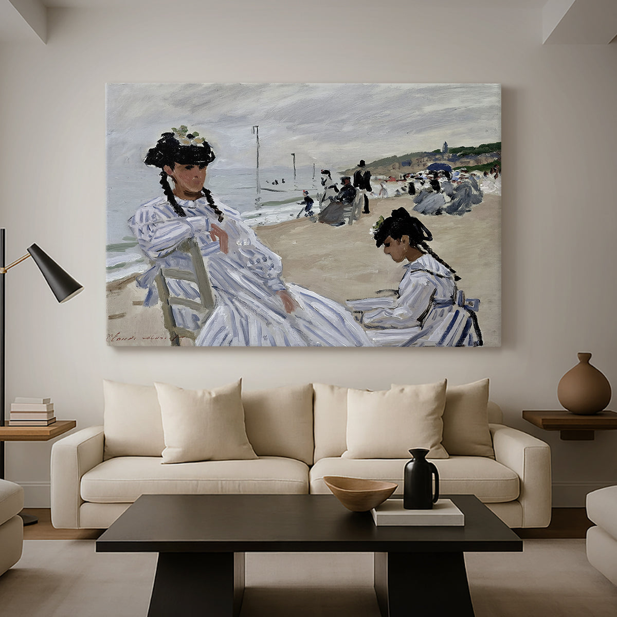 Canvas art print featuring a beach setting with people relaxing under umbrellas, displayed in a spacious living room