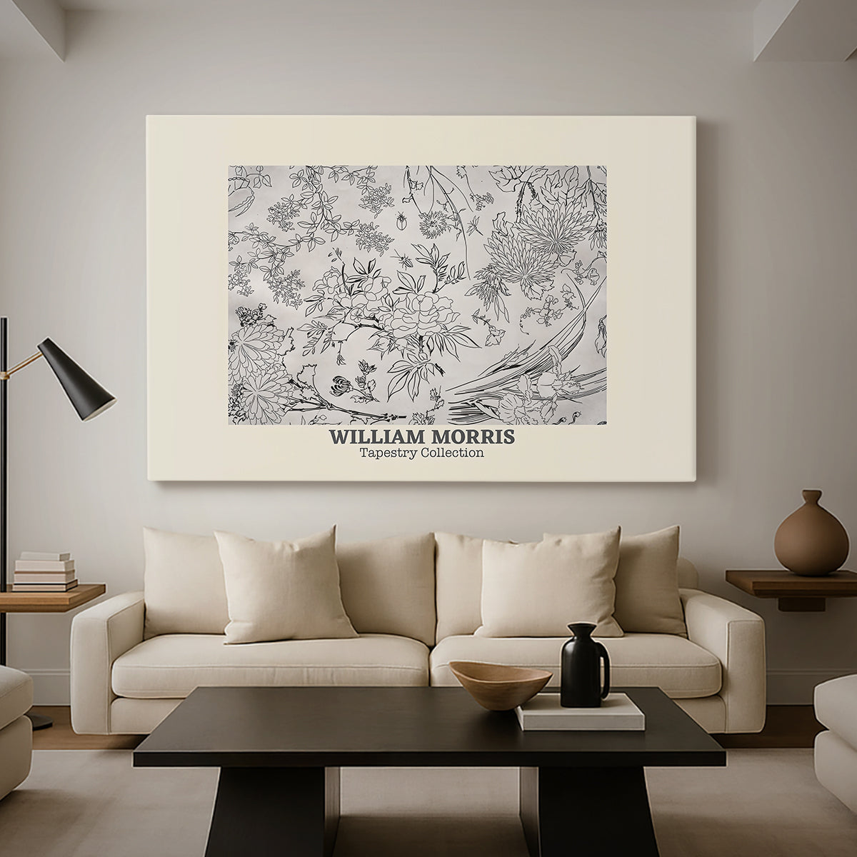 Canvas art print featuring a patterned surface featuring stylized flowers and leaves, displayed in a spacious living room
