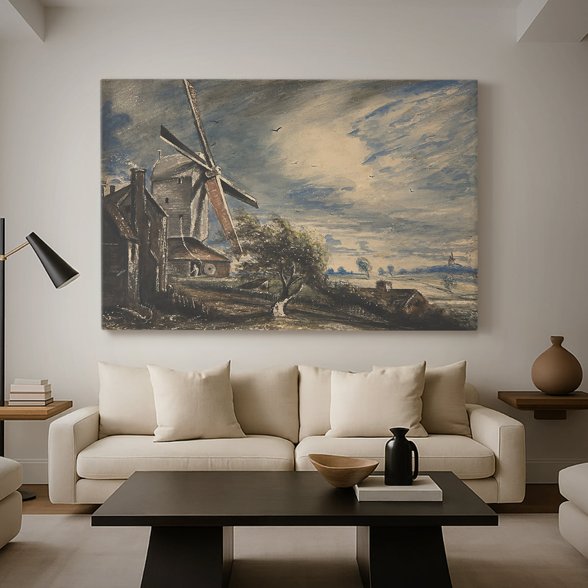 Canvas art print featuring a landscape combining rustic architecture, displayed in a spacious living room