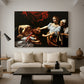 Canvas art print featuring an intense moment of Judith slaying Holofernes with sword, displayed in a spacious living room