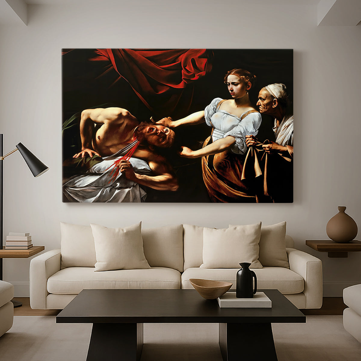 Canvas art print featuring an intense moment of Judith slaying Holofernes with sword, displayed in a spacious living room