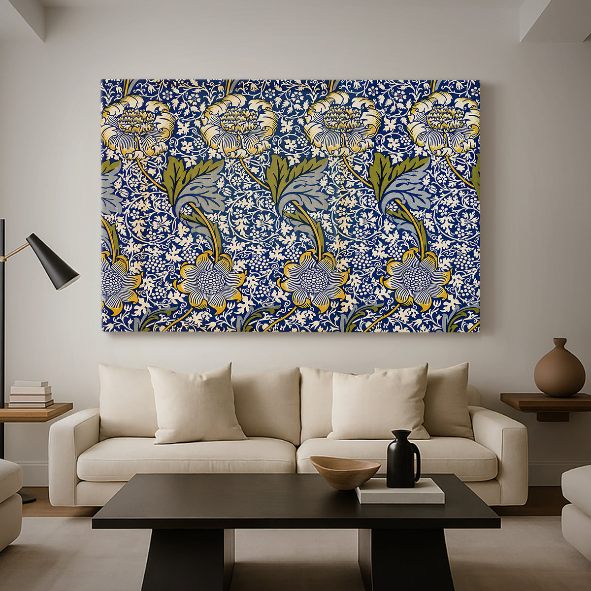 Canvas art print featuring an ornamental pattern combining birds, leaves, and flowers, displayed in a spacious living room