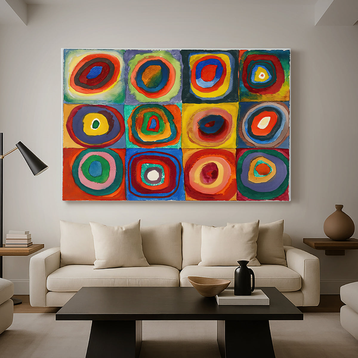 Canvas art print featuring a geometric study emphasizing variation within uniform layout, displayed in a spacious living room