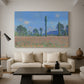 Canvas art print featuring a vibrant meadow scene with flowers and vertical tree forms, displayed in a spacious living room