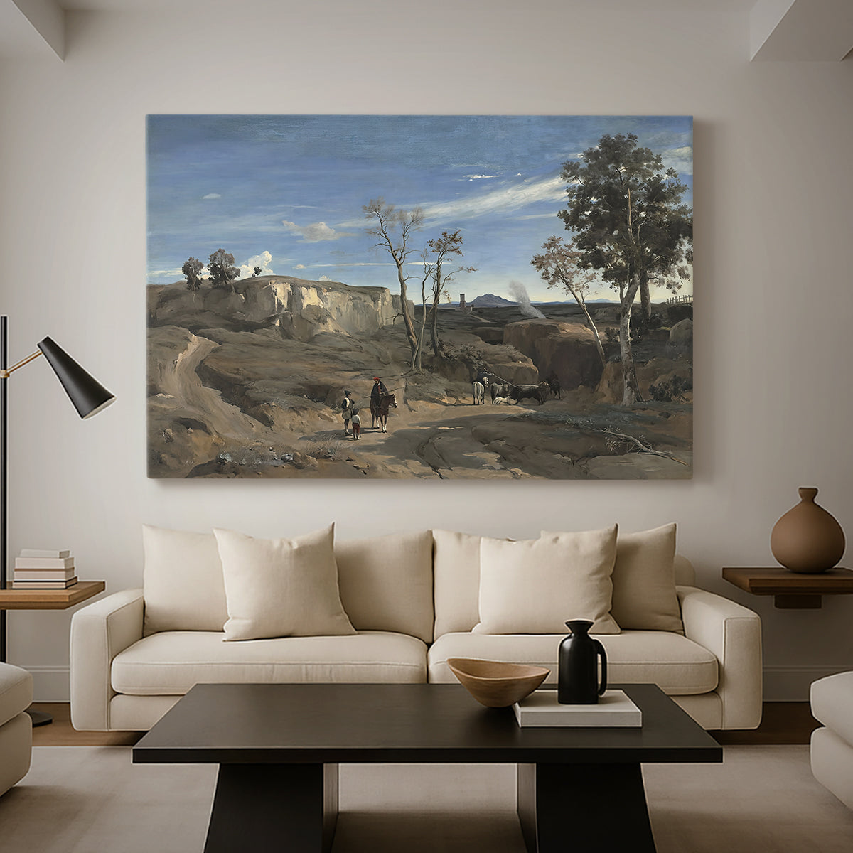Canvas art print featuring a pastoral landscape with trees and rolling terrain, displayed in a spacious living room