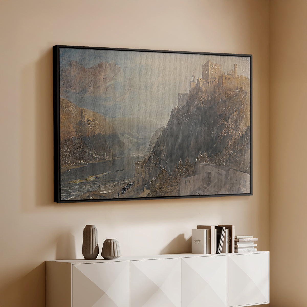 Rheinfels Looking to Katz and Gourhausen, 1817 - Floater Framed Canvas Print