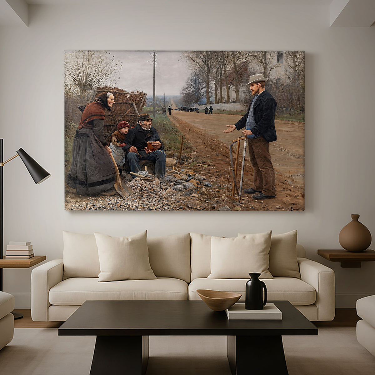 Canvas art print featuring an everyday moment with people interacting near roadside, displayed in a spacious living room