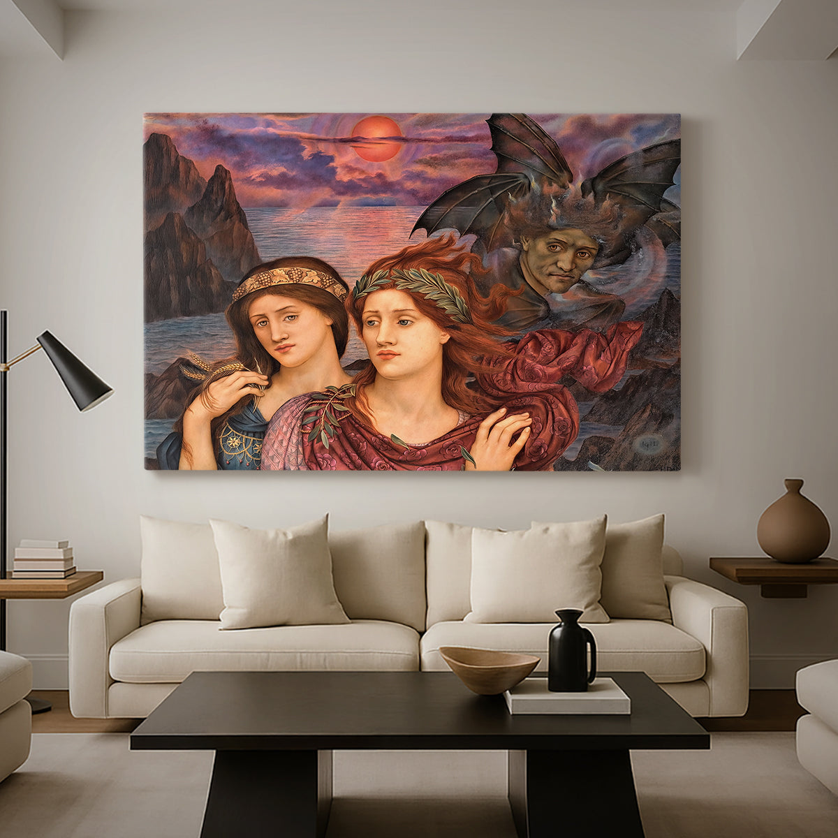 Canvas art print featuring an expressive composition with figures and dramatic sky, displayed in a spacious living room