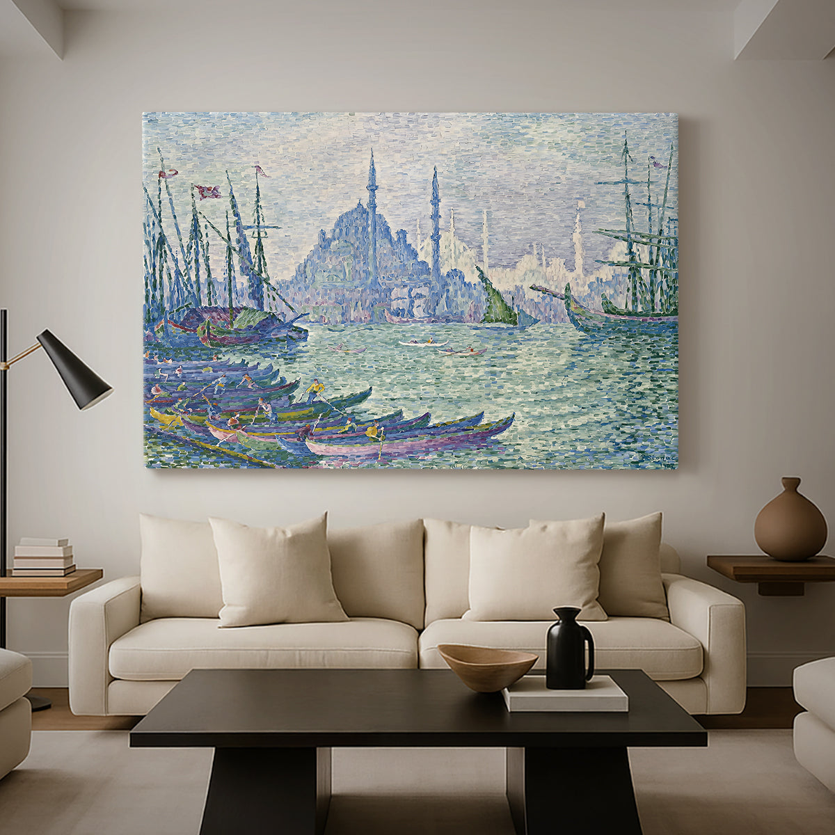 Canvas art print featuring a pointillist skyline on the water, displayed in a spacious living room