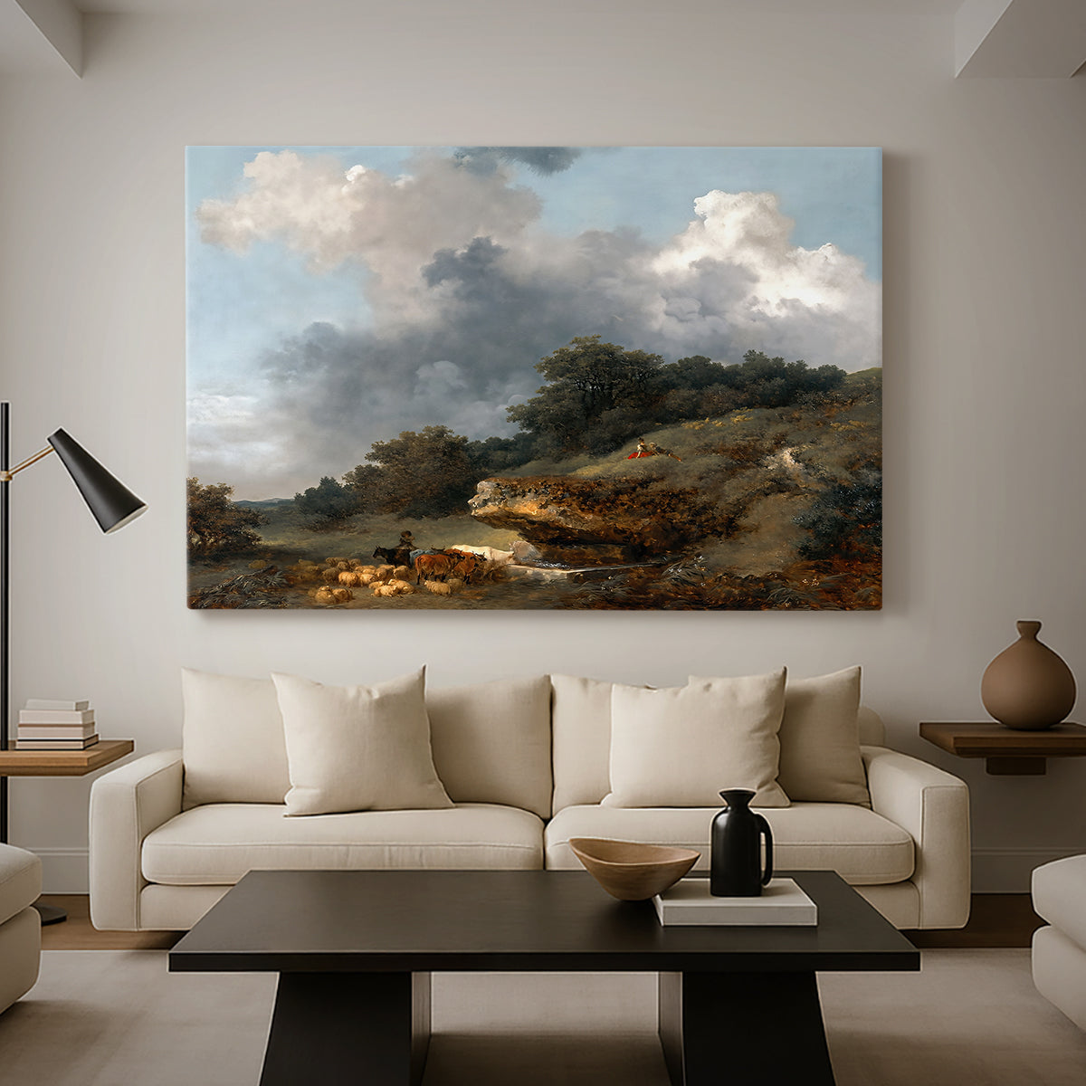 Canvas art print featuring a Rococo landscape with figures in natural setting, displayed in a spacious living room