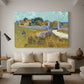 Canvas art print featuring a countryside composition with house and open terrain, displayed in a spacious living room