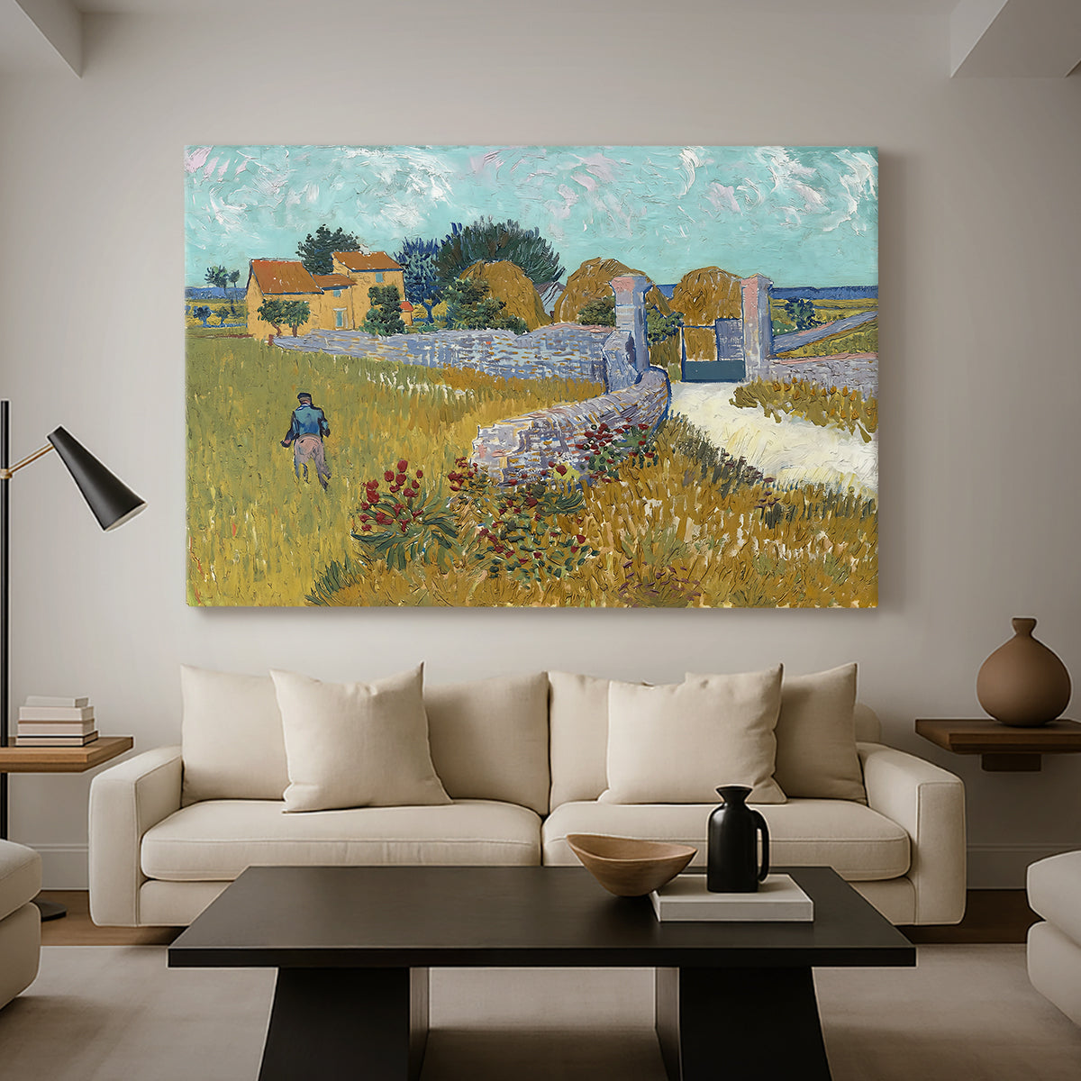 Canvas art print featuring a countryside composition with house and open terrain, displayed in a spacious living room