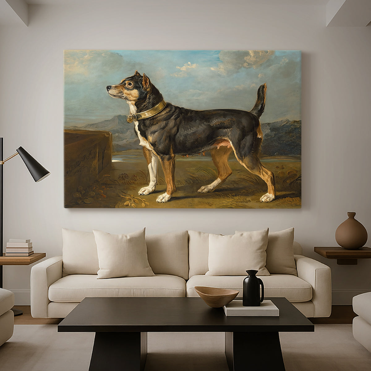 Canvas art print featuring an animal study of terrier in rural environment, displayed in a spacious living room