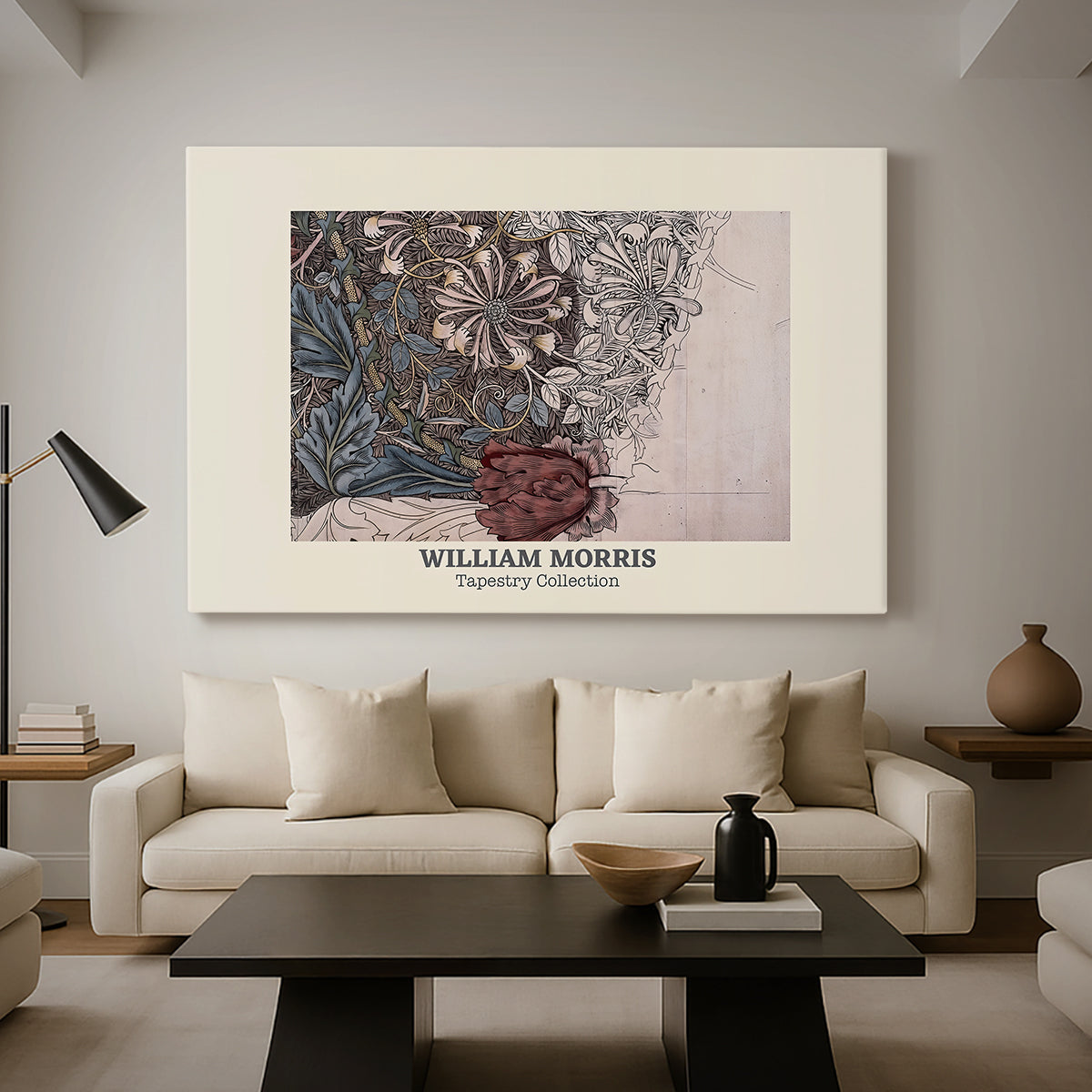 Canvas art print featuring a tapestry-style design with symmetrical botanical elements, displayed in a spacious living room