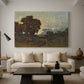 Canvas art print featuring a tranquil sunset view with trees and water, displayed in a spacious living room