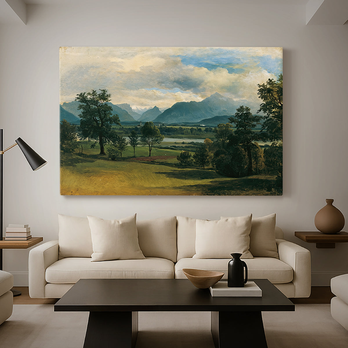 Canvas art print featuring a realist landscape with depth, displayed in a spacious living room