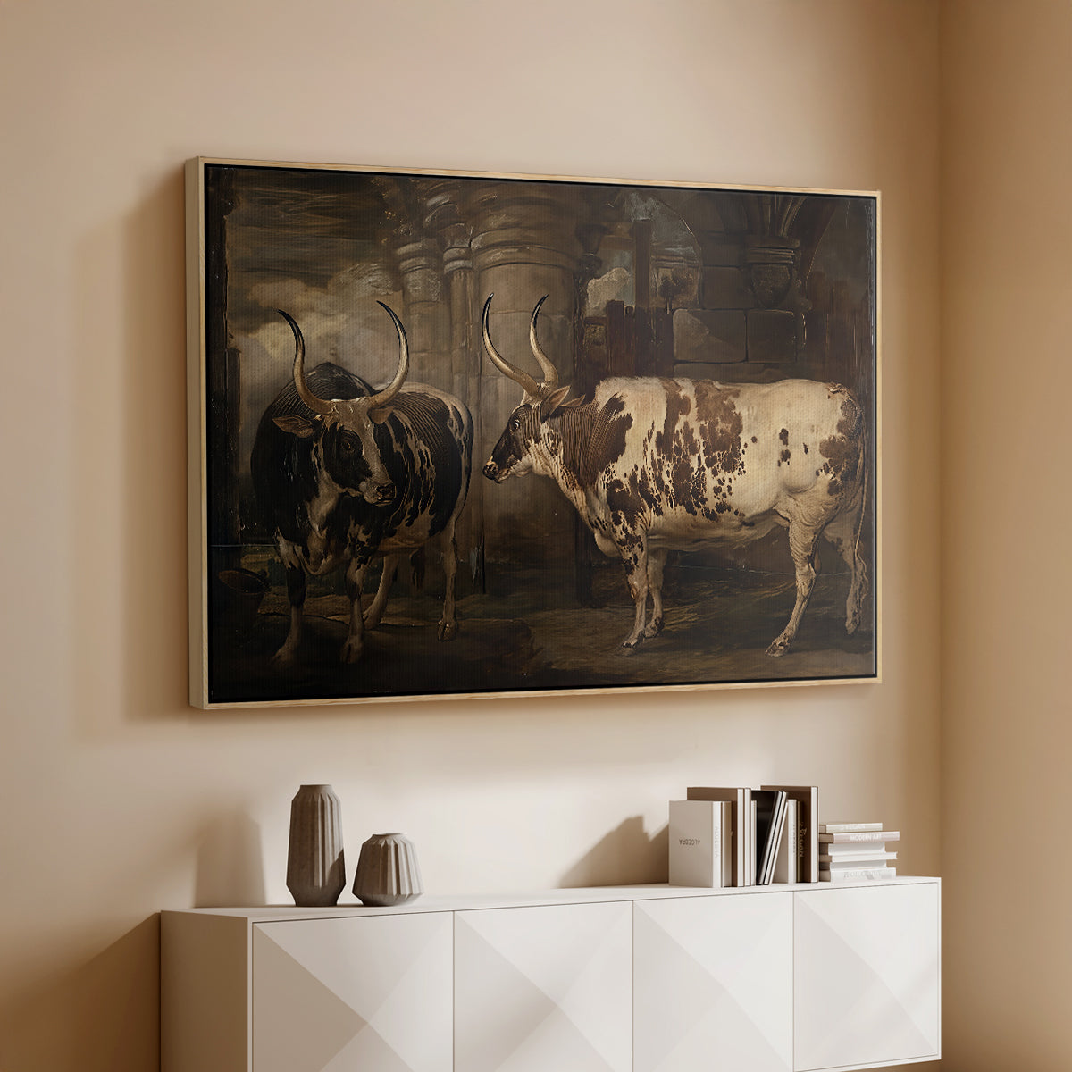 Portraits of Two Extraordinary Oxen, Property of the Earl of Powis, 1814 - Floater Framed Canvas Print