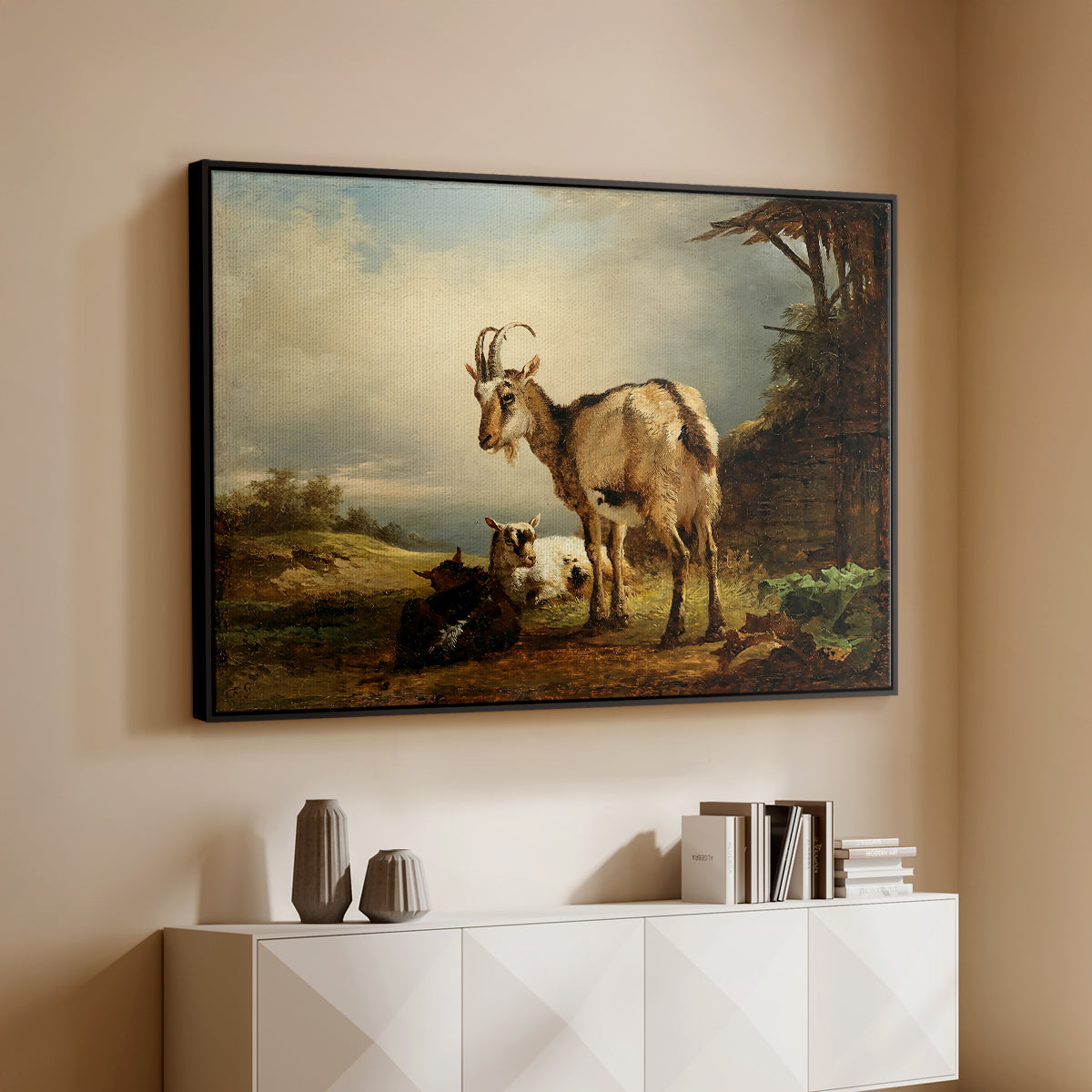 A Goat with Two Kids - Floater Framed Canvas Print