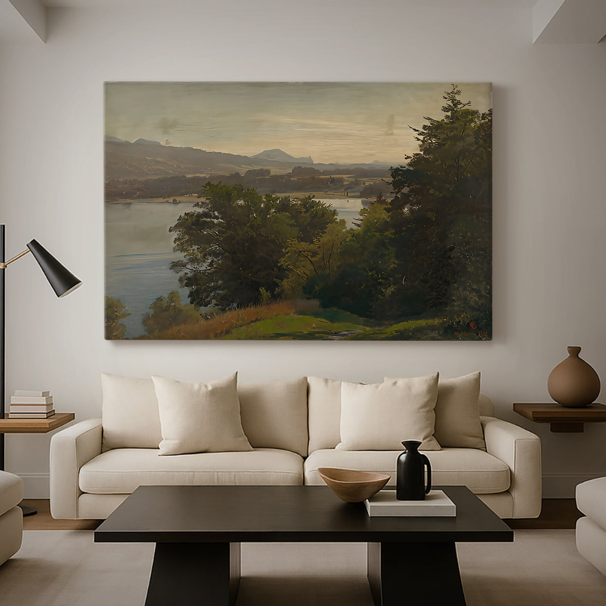Canvas art print featuring a natural scene emphasizing depth across lake and hills, displayed in a spacious living room