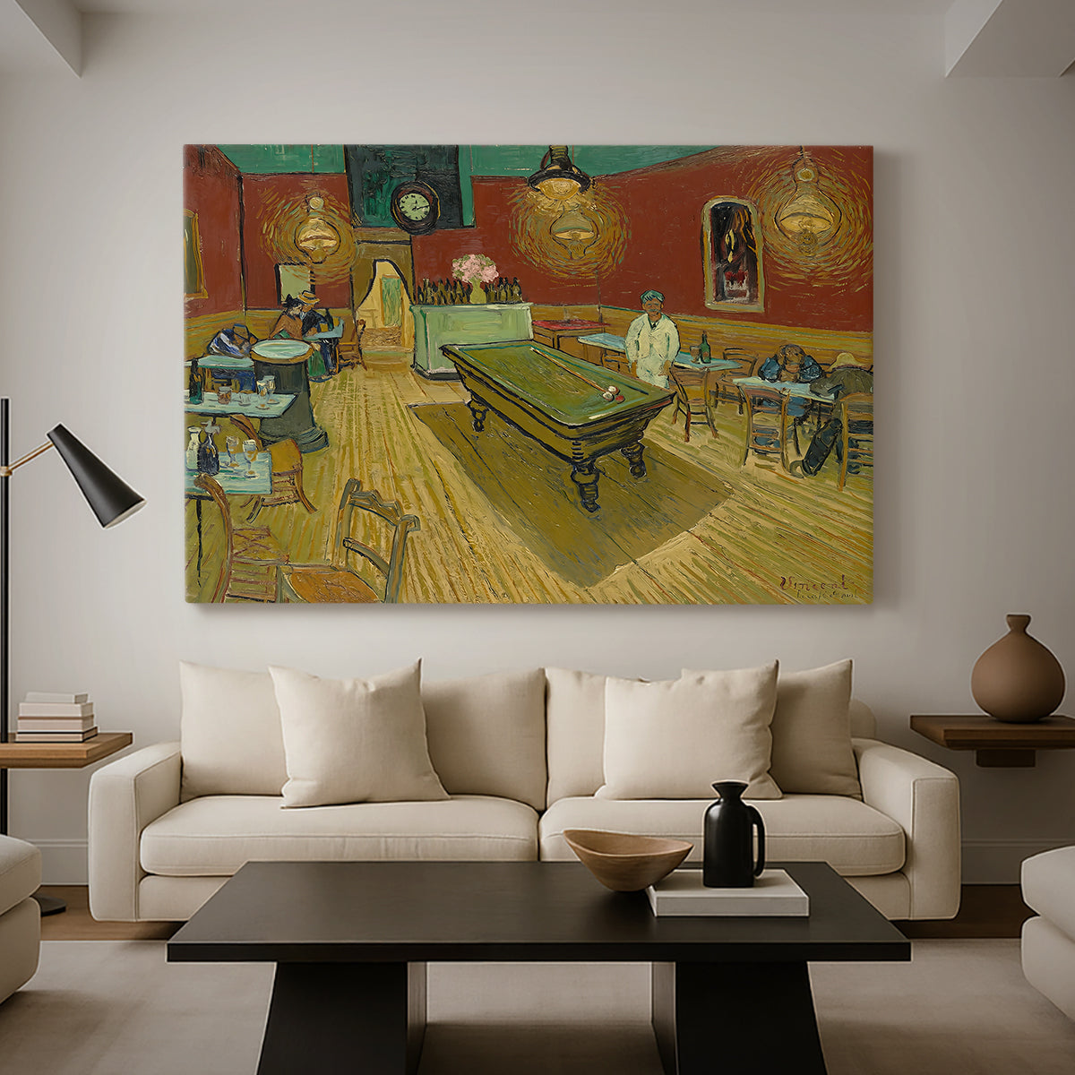 Canvas art print featuring a post-impressionist café setting with vivid color contrast and empty tables, displayed in a spacious living room