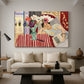 Canvas art print featuring an expressive interior with woman and bright flowers on table, displayed in a spacious living room