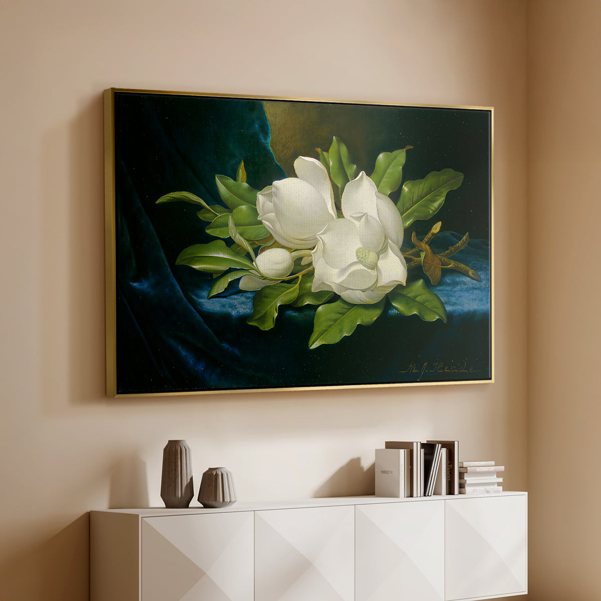 Giant Magnolias on a Blue Velvet Cloth, c. 1890 - Floater Framed Canvas Print