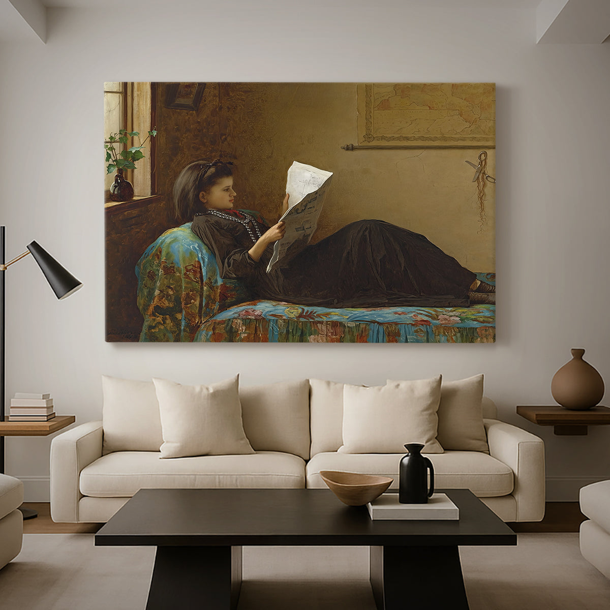 Canvas art print featuring an Americana interior with people focused on printed page, displayed in a spacious living room