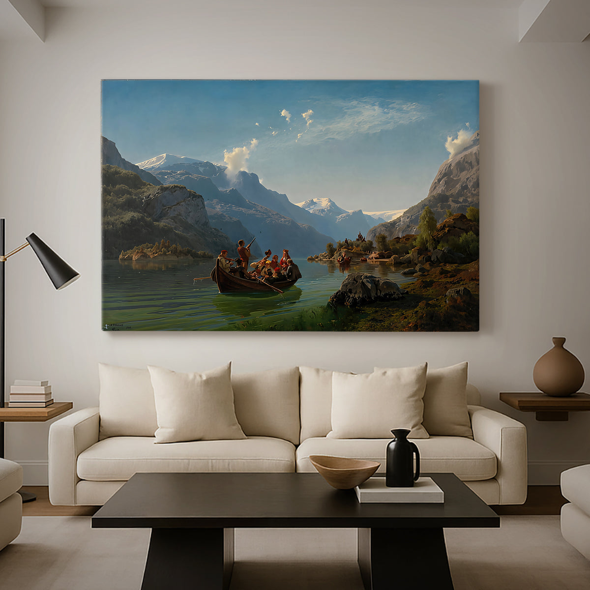 Canvas art print featuring a scenic fjord landscape with figures in boats celebrating a bridal procession, displayed in a spacious living room