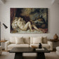 Canvas art print featuring a classical composition centered on reclining female nude, displayed in a spacious living room