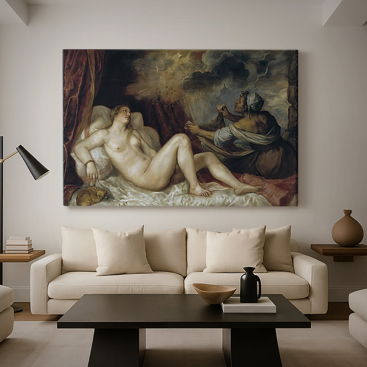Canvas art print featuring a classical composition centered on reclining female nude, displayed in a spacious living room