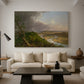 Canvas art print featuring a romantic landscape combining wilderness and cultivated land, displayed in a spacious living room