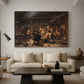 Canvas art print featuring a narrative scene of a bear hunter welcomed by community in rural setting, displayed in a spacious living room