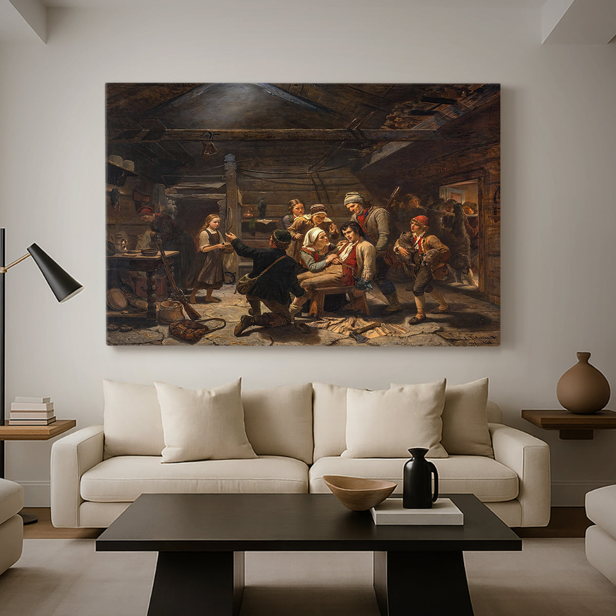 Canvas art print featuring a narrative scene of a bear hunter welcomed by community in rural setting, displayed in a spacious living room
