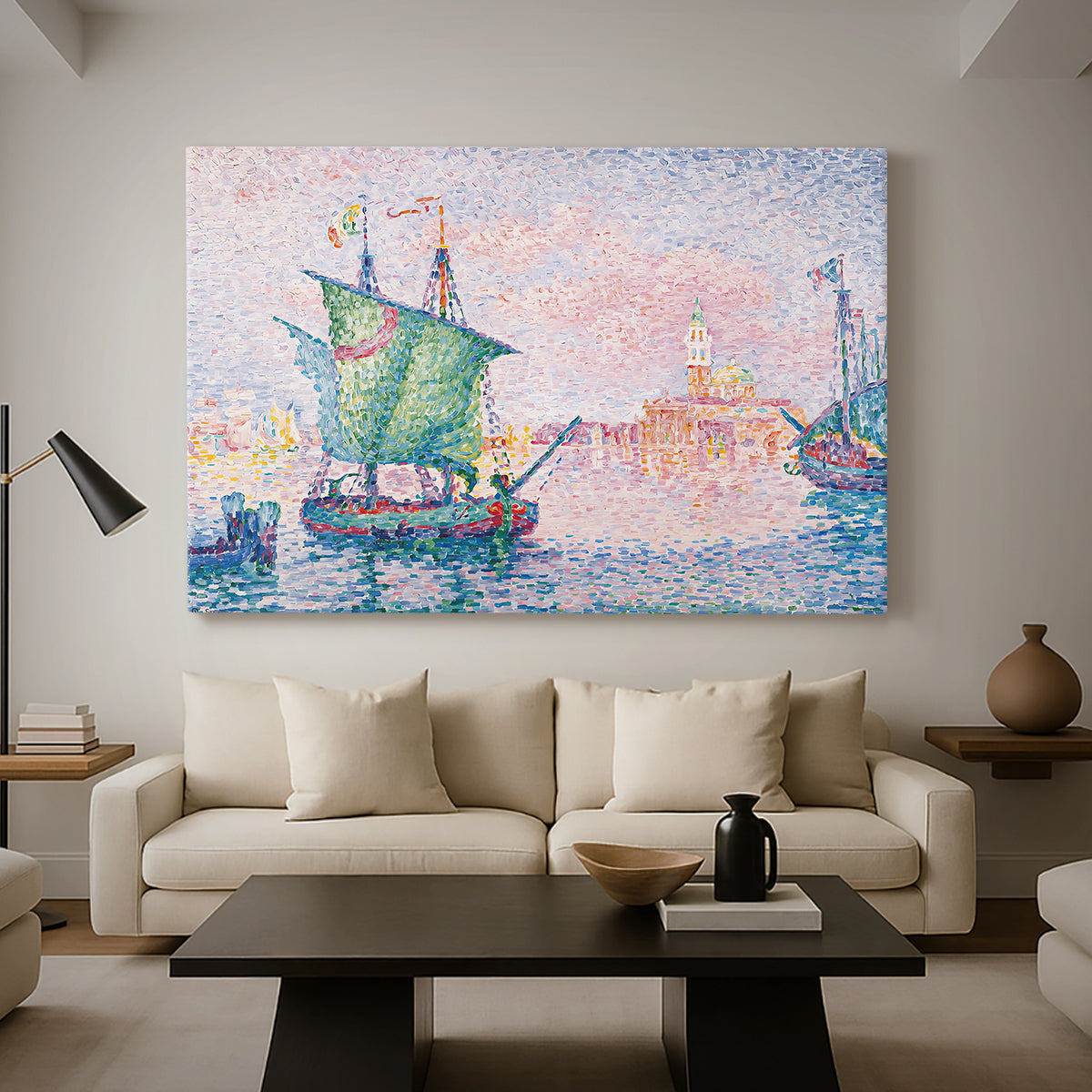 Canvas art print featuring a pointillist Venice view, displayed in a spacious living room