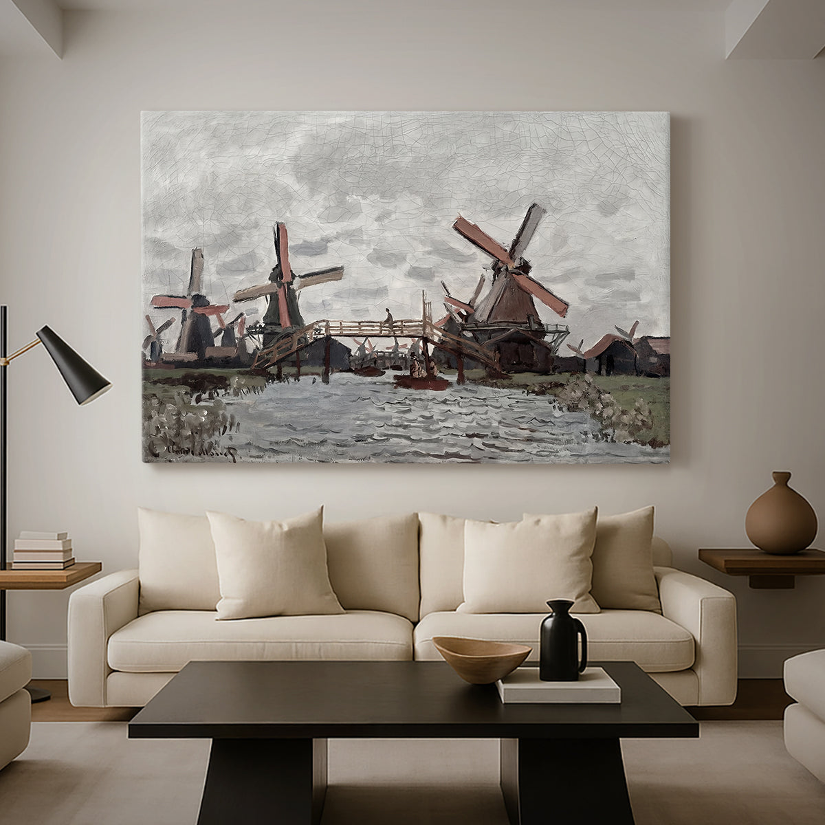 Canvas art print featuring a countryside scene with traditional windmills and reflections, displayed in a spacious living room