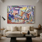 Canvas art print featuring an expressive composition of people resting near the sea, displayed in a spacious living room