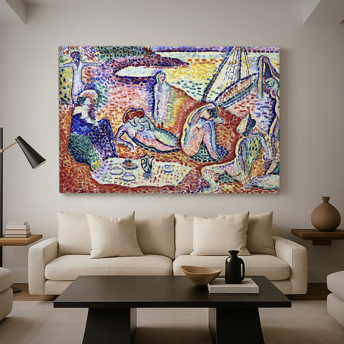 Canvas art print featuring an expressive composition of people resting near the sea, displayed in a spacious living room