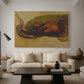 Canvas art print featuring a dynamic composition showing figure entangled with snake, displayed in a spacious living room