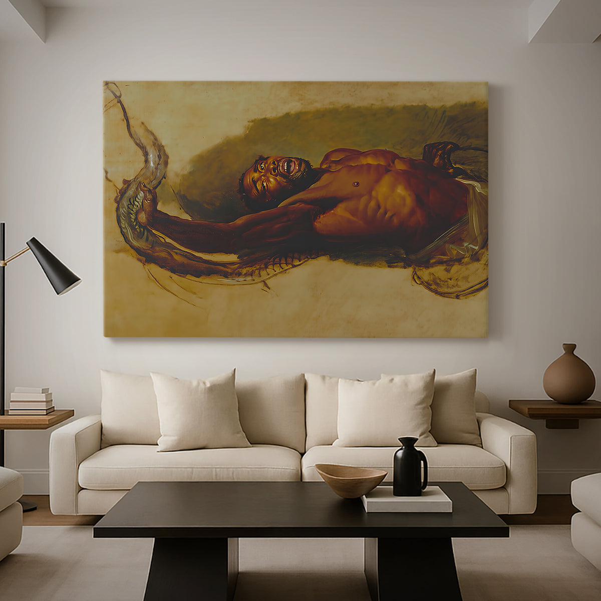 Canvas art print featuring a dynamic composition showing figure entangled with snake, displayed in a spacious living room