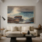 Canvas art print featuring a beach composition with tide movement and structures, displayed in a spacious living room