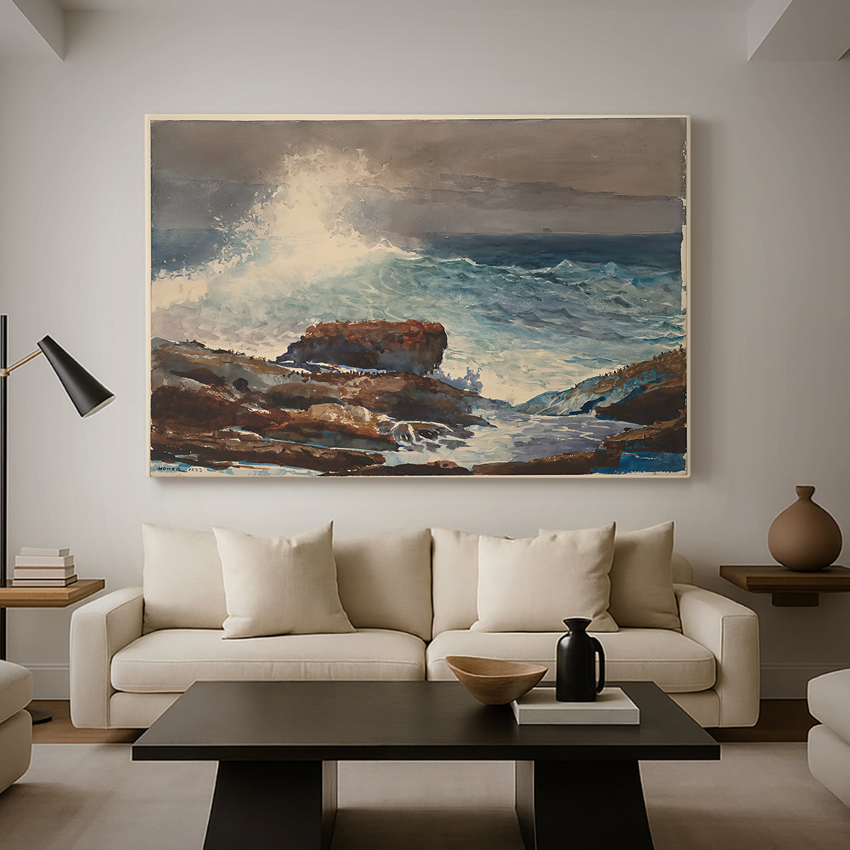 Canvas art print featuring a beach composition with tide movement and structures, displayed in a spacious living room
