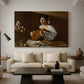Canvas art print featuring an intimate musical scene with instrument and decorative objects, displayed in a spacious living room