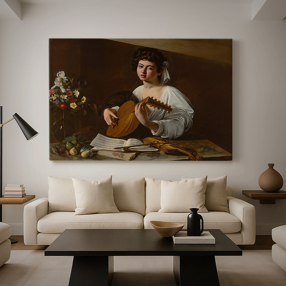 Canvas art print featuring an intimate musical scene with instrument and decorative objects, displayed in a spacious living room
