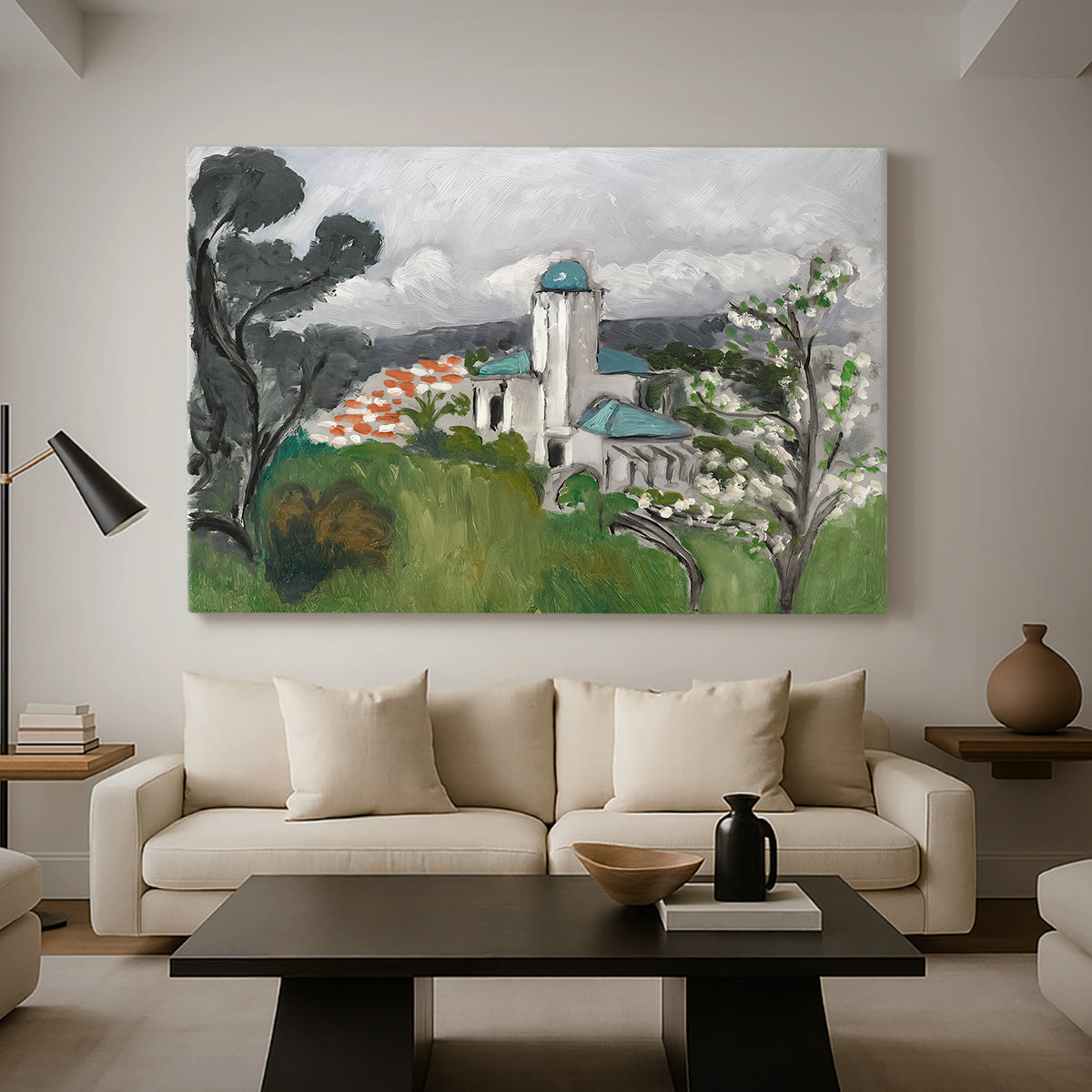 Canvas art print featuring a Fauvist architectural landscape with a blue house, displayed in a spacious living room