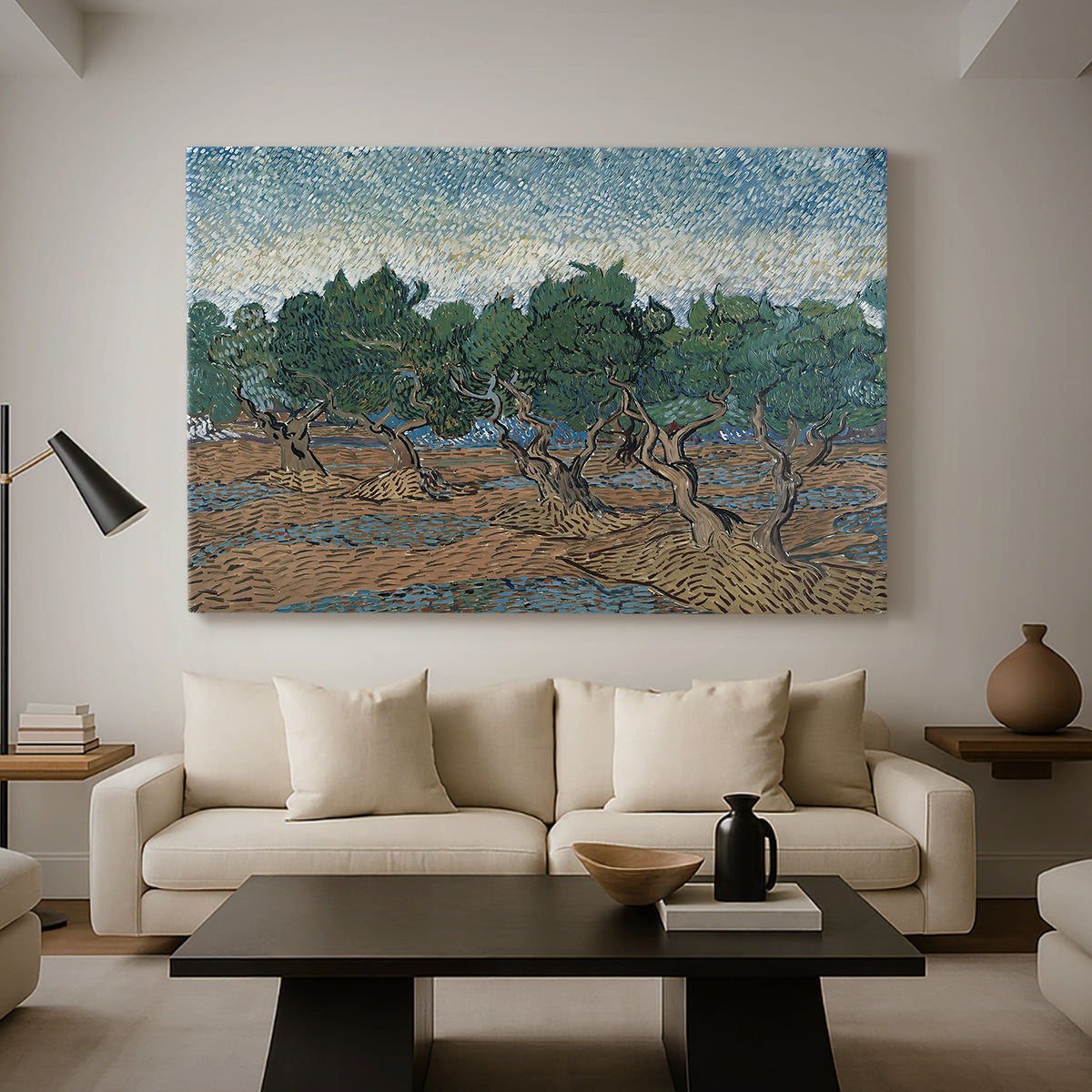 Canvas art print featuring a post-impressionist scene emphasizing movement in foliage, displayed in a spacious living room