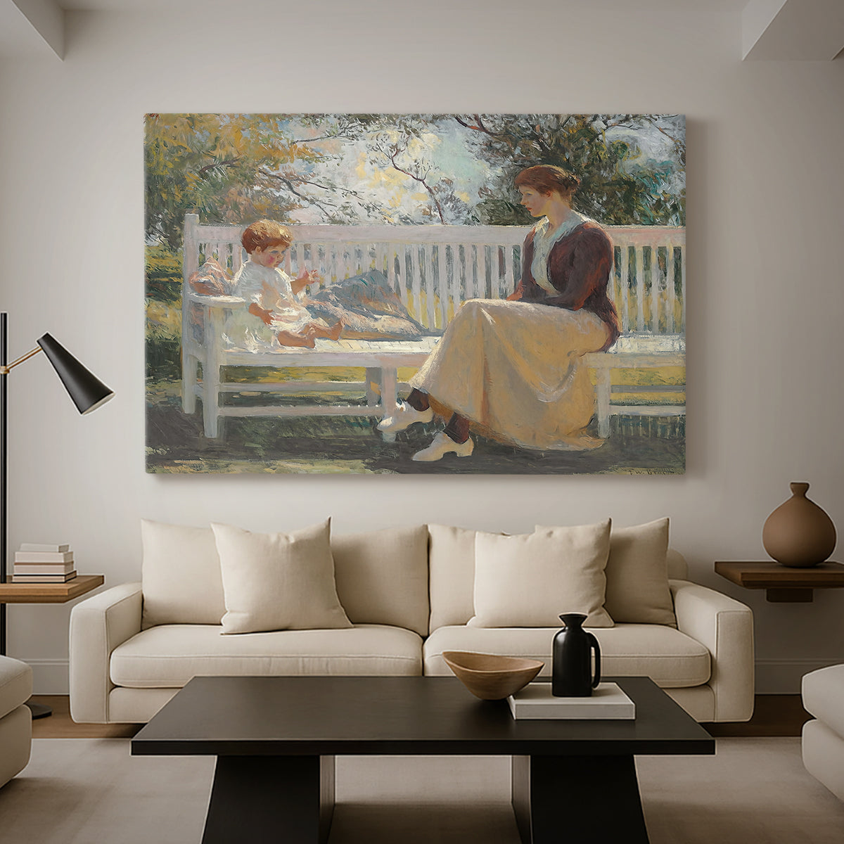 Canvas art print featuring a soft domestic composition of parent and child, displayed in a spacious living room