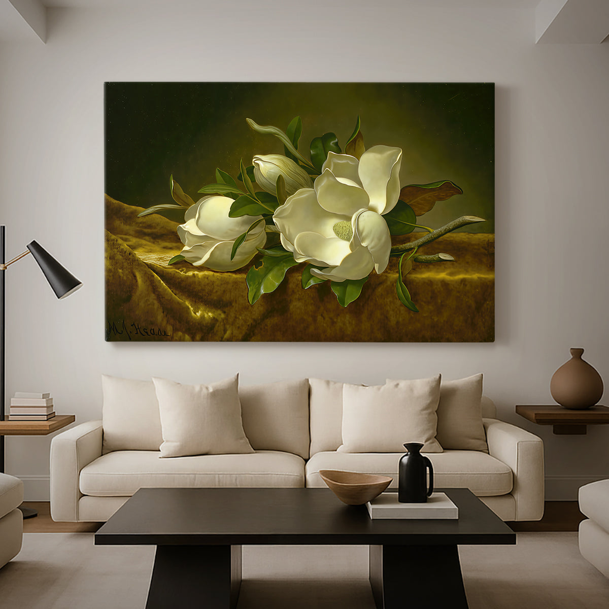 Canvas art print featuring a botanical composition with texture, displayed in a spacious living room